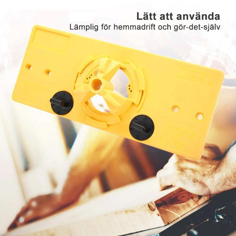 Justerbar gul 35 mm håljigguide för träbearbetning, perfekt för exakt borrning av gångjärnshål. Enkel att använda hemma.