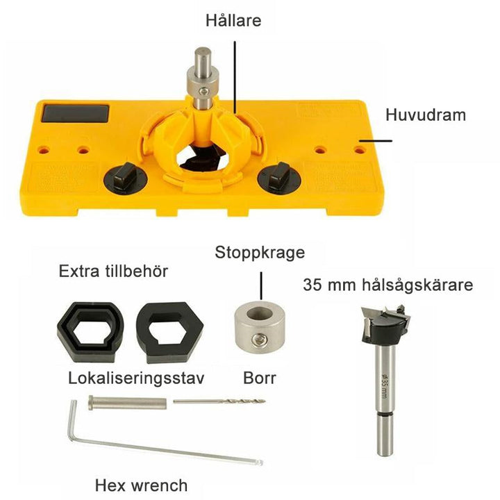 Justerbar gul 35 mm håljigguide för träbearbetning, perfekt för exakt borrning av gångjärnshål. Enkel att använda hemma.