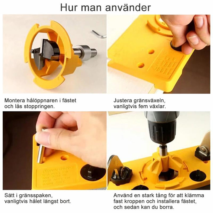 Justerbar gul 35 mm håljigguide för träbearbetning, perfekt för exakt borrning av gångjärnshål. Enkel att använda hemma.