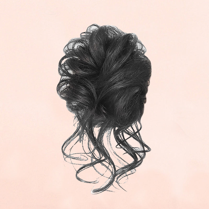 "Justerbar hårstycke för kvinnor, messy bun i syntetmaterial, ger voluminös look i brun och kastanjfärg."