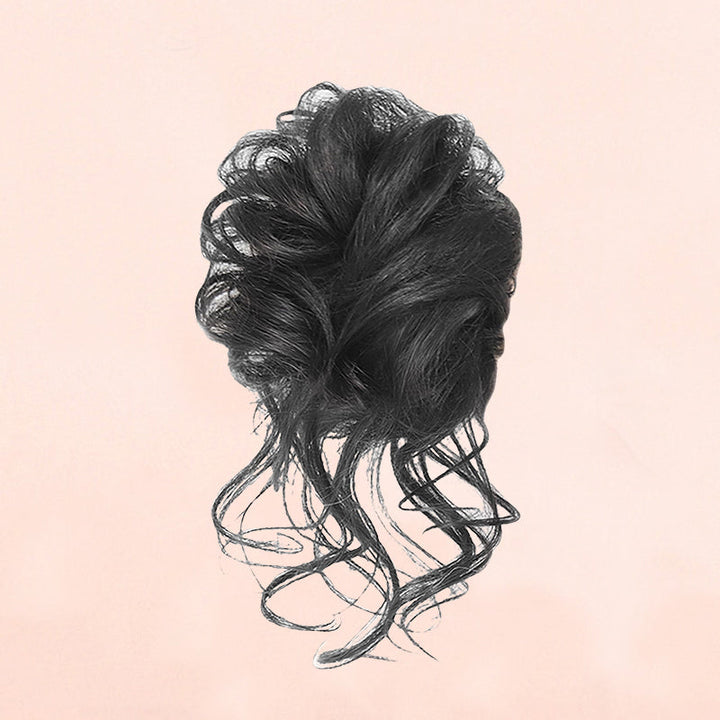 "Justerbar hårstycke för kvinnor, messy bun i syntetmaterial, ger voluminös look i brun och kastanjfärg."