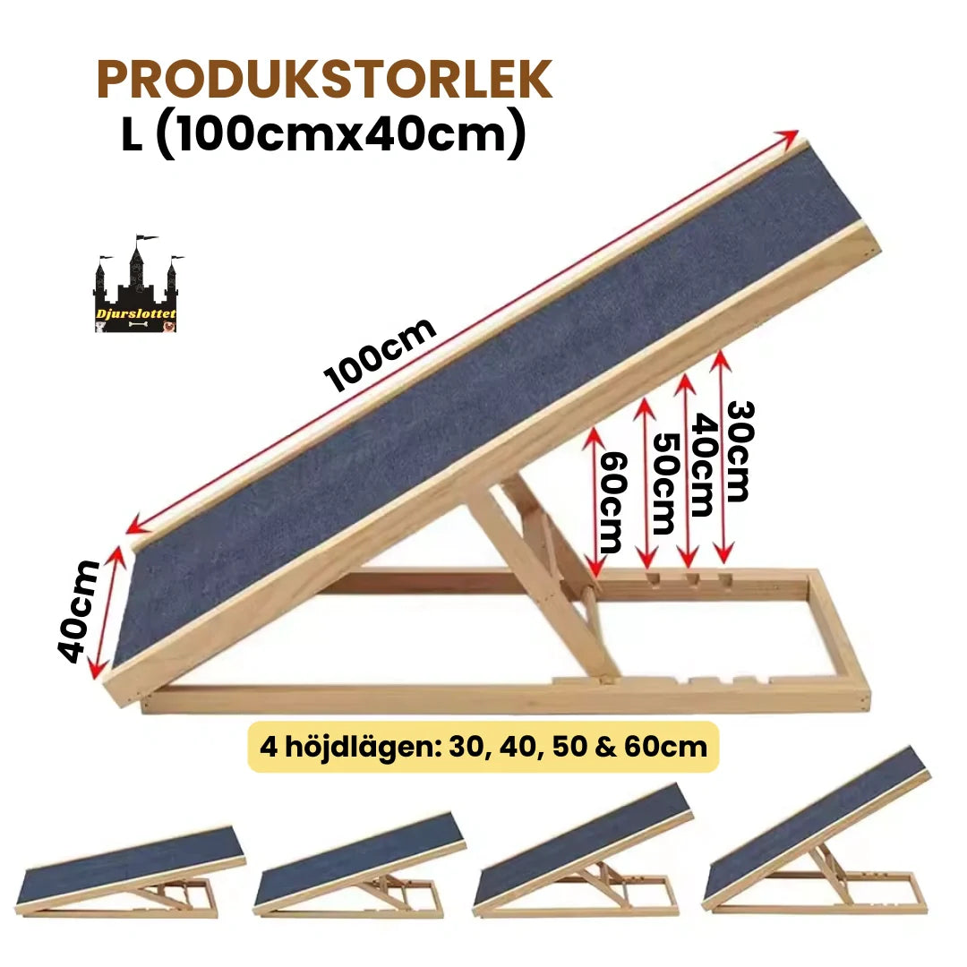Vikbar träramp för hundar, enkel att förvara, med justerbar höjd för alla behov.