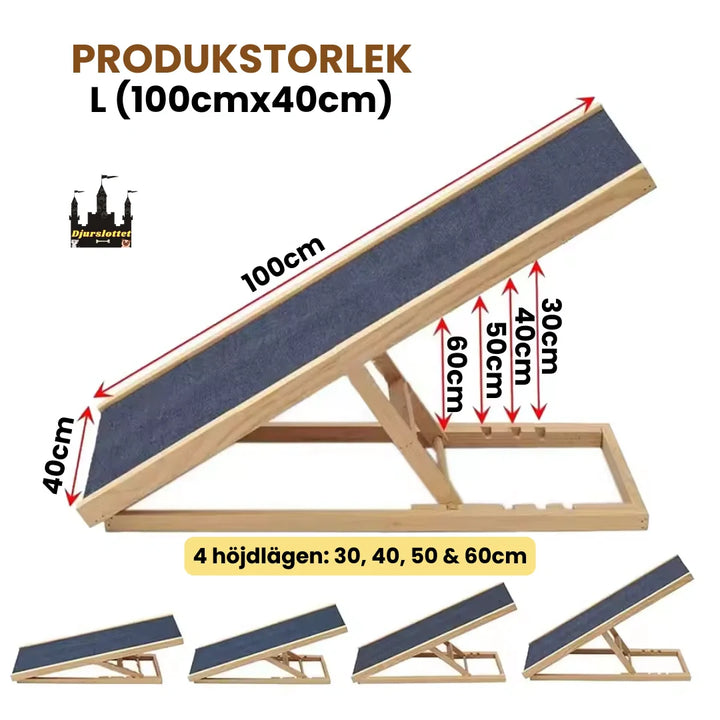Vikbar träramp för hundar, enkel att förvara, med justerbar höjd för alla behov.