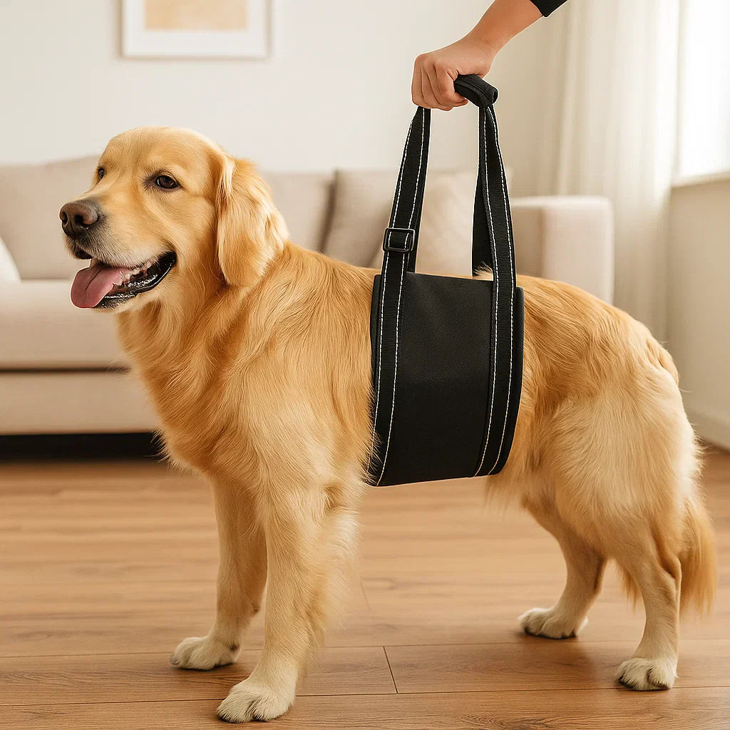 Justerbar hundstödsele för rehabilitering av äldre eller skadad hund, erbjuder komfort och stöd vid promenader.