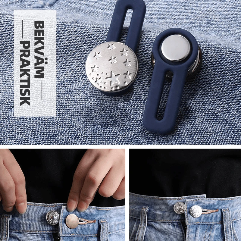 Justerbar jeans flexiknapp för herr och dam, elegant metall, enkel fastsättning för byxmidja.