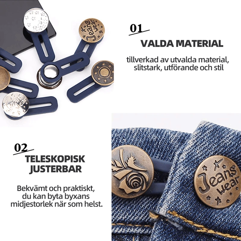 Justerbar jeans flexiknapp för herr och dam, elegant metall, enkel fastsättning för byxmidja.
