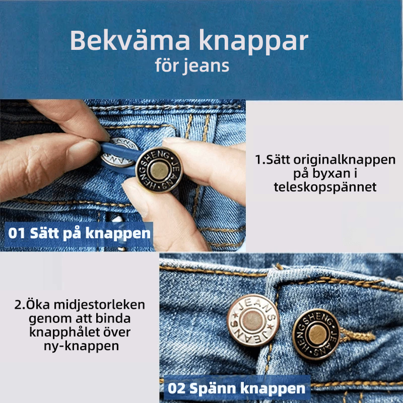 Justerbar jeans flexiknapp för herr och dam, elegant metall, enkel fastsättning för byxmidja.