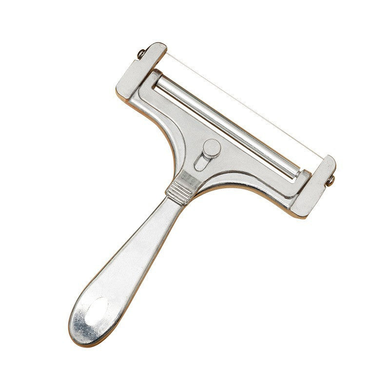 "Justerbar köksostskärare i aluminium för exakta skivor, elegant design i frostat och glänsande silver finish."