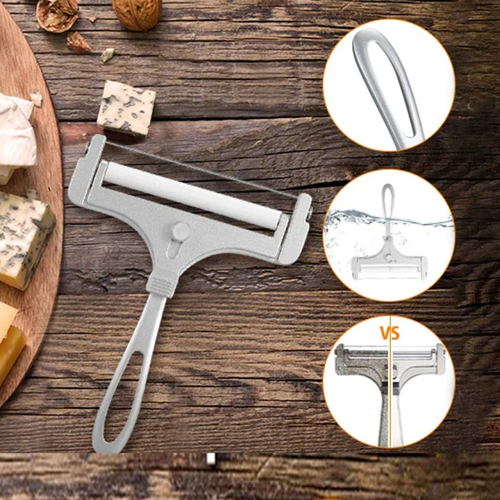 "Justerbar köksostskärare i aluminium för exakta skivor, elegant design i frostat och glänsande silver finish."