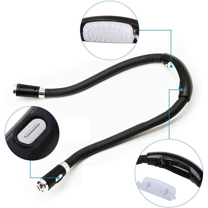 Justerbar LED-läshalslampa med ergonomisk design, handsfree, tre ljusstyrkor, perfekt för läsning och hantverk.