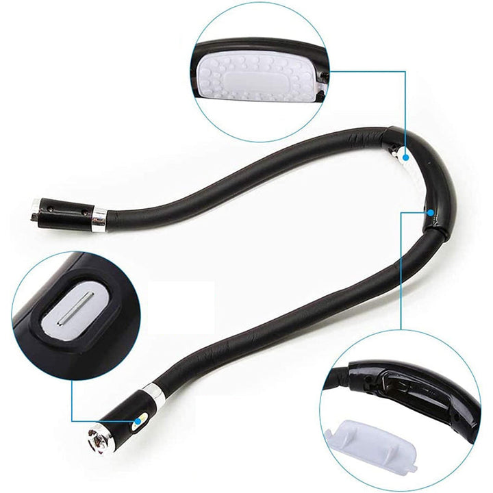 Justerbar LED-läshalslampa med ergonomisk design, handsfree, tre ljusstyrkor, perfekt för läsning och hantverk.