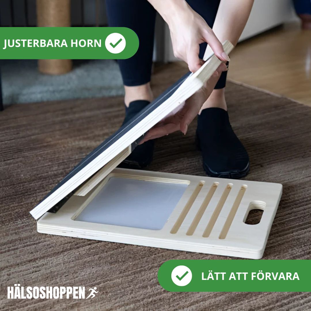 Trä lutningsbräda, justerbar, för stretch och rehabilitering. Förbättrar balans, rörlighet och styrka i vader.