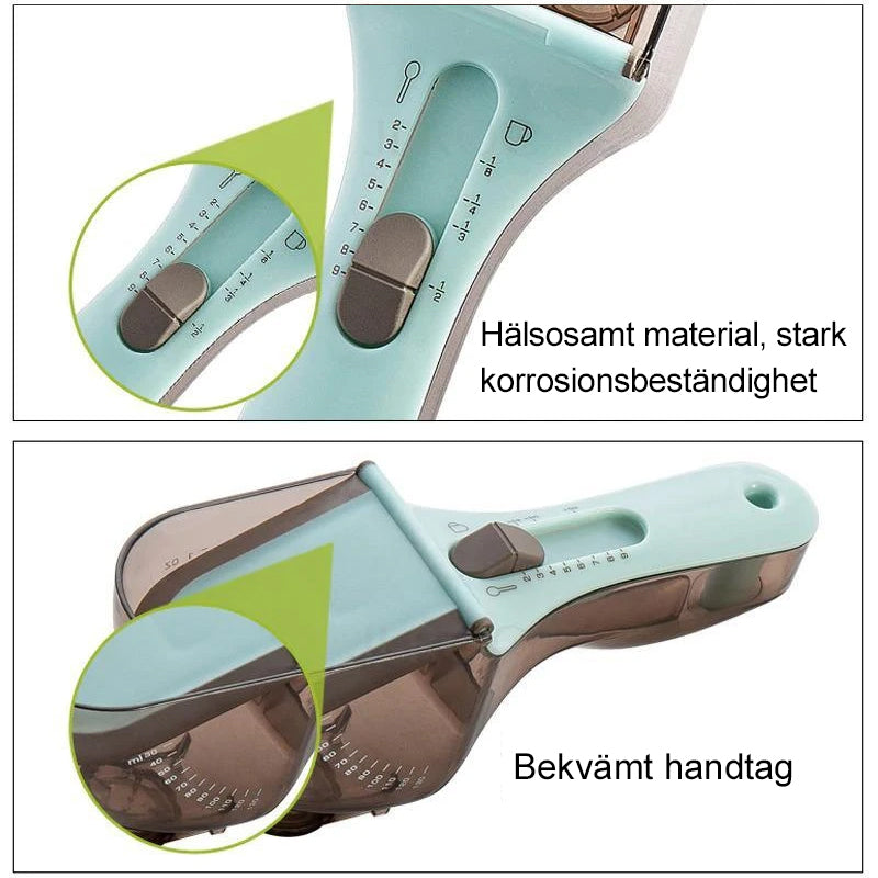Justerbar måttsked för köket i blå färg, perfekt för både nybörjare och proffs.