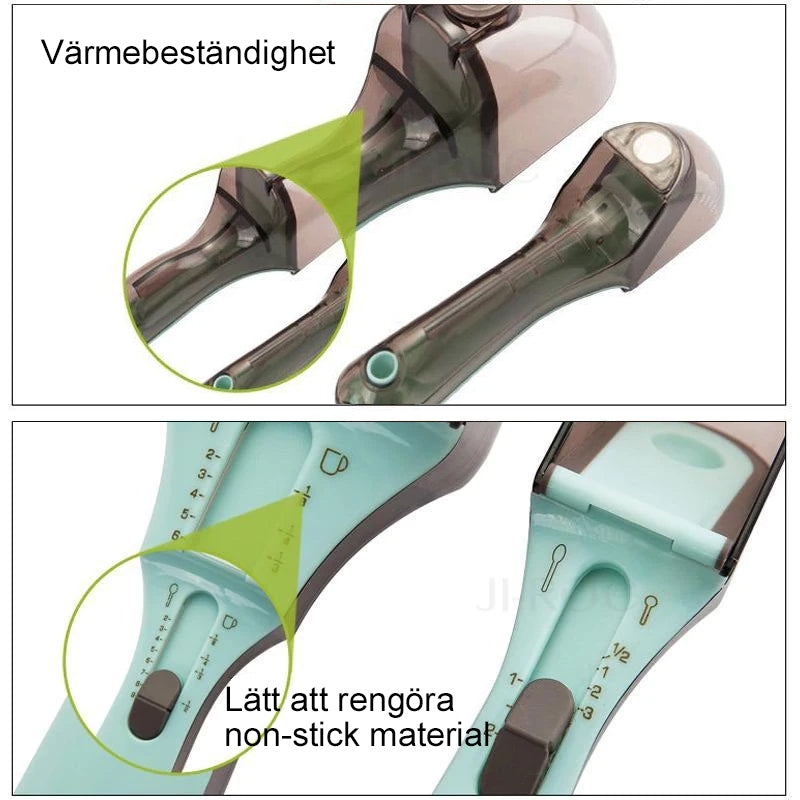 Justerbar måttsked för köket i blå färg, enkel att använda för exakta mått.