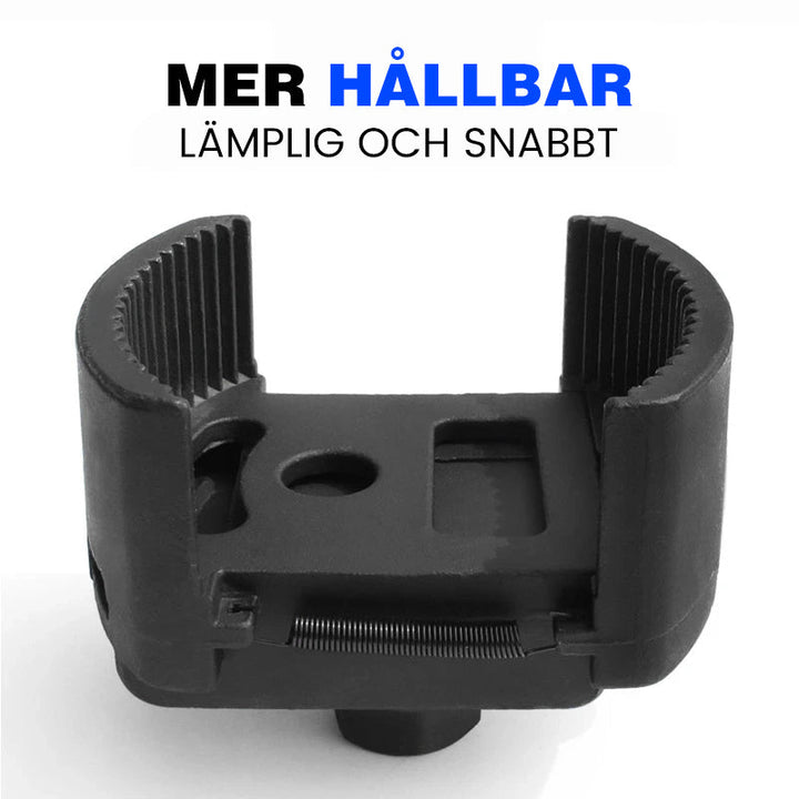 "Justerbar oljefilternyckel för fordon, robust design, metallkropp med tänder, ger säkert grepp vid filterbyte."
