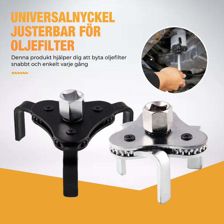 Justerbar oljefilternyckel i stål med tre käftar, silver och svart, för enkel borttagning av oljefilter.