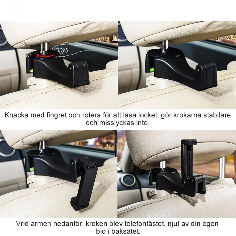 Justerbar svart bilkrok för nackstöd, utrymmesbesparande design, enkel installation med sidoöppning.