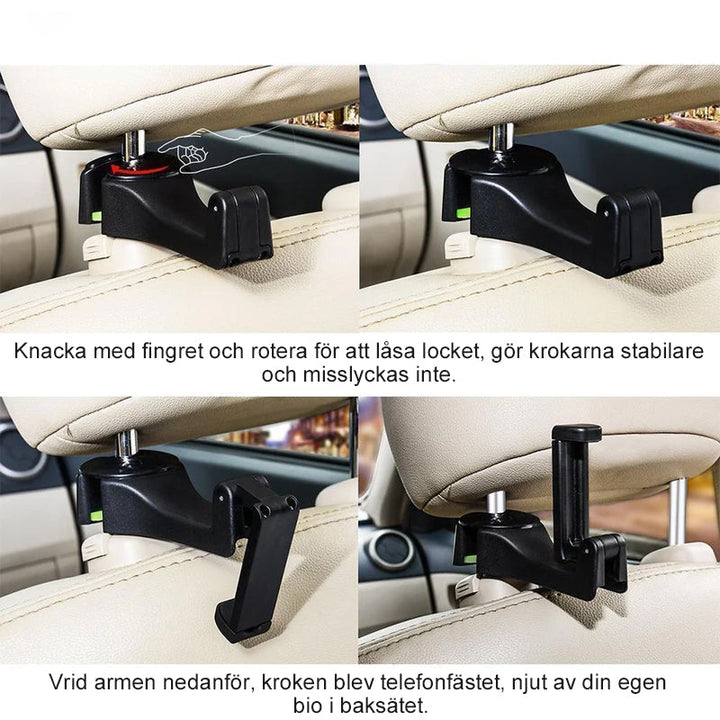 Justerbar svart bilkrok för nackstöd, utrymmesbesparande design, enkel installation med sidoöppning.
