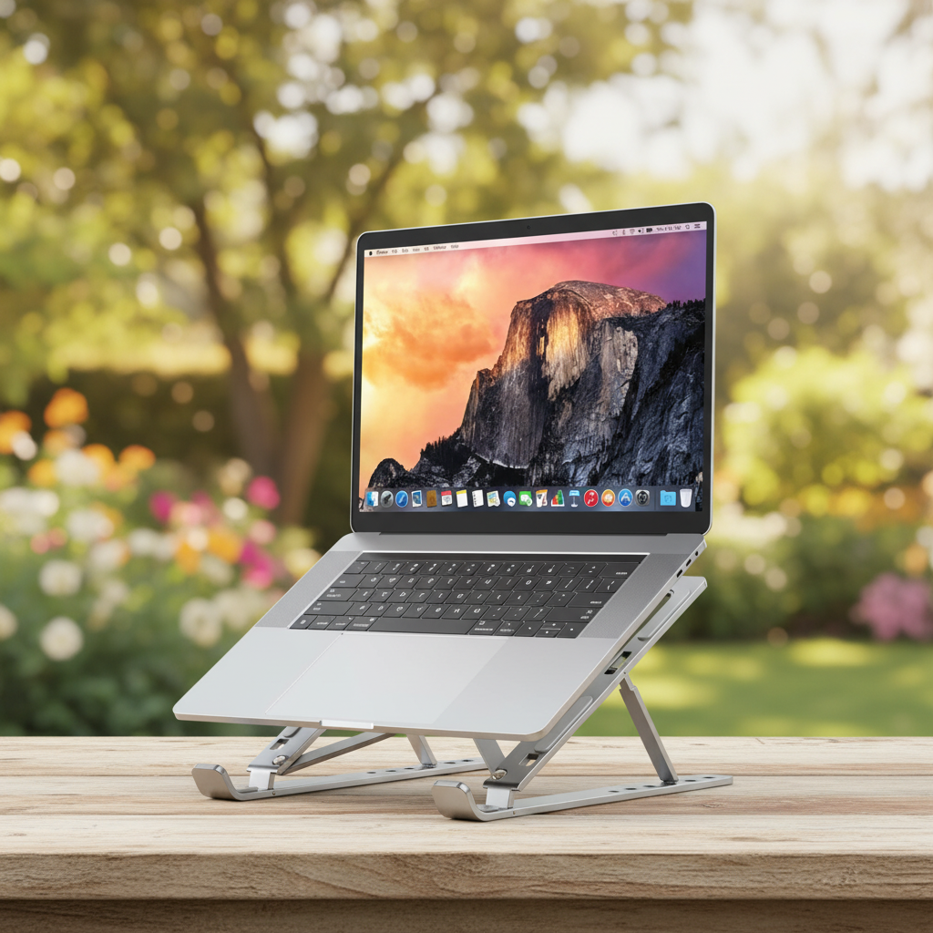 Justerbart ergonomiskt laptopställ i silver för optimal arbetsställning vid hemmakontoret.