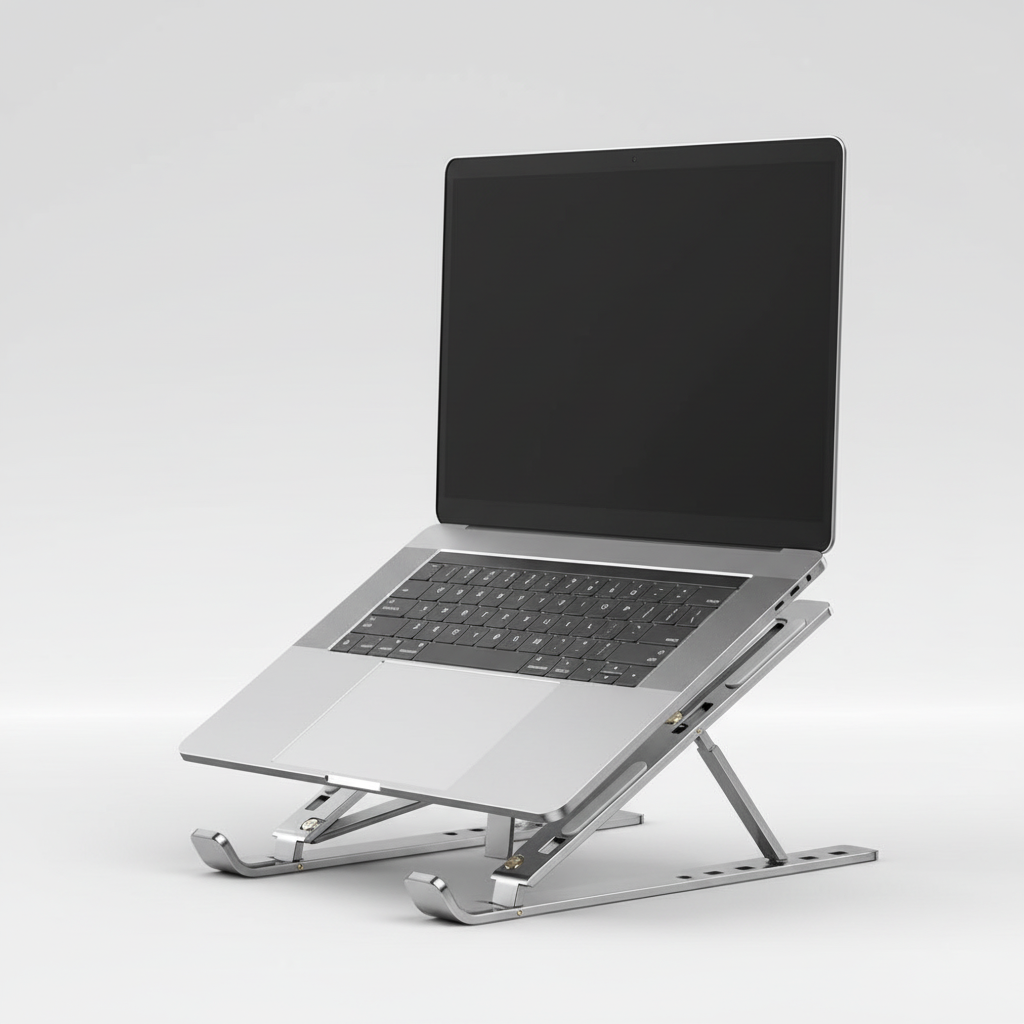 Portabelt silverfärgat datorstativ för laptop. Kompakt design, perfekt för mobil arbetsplats.