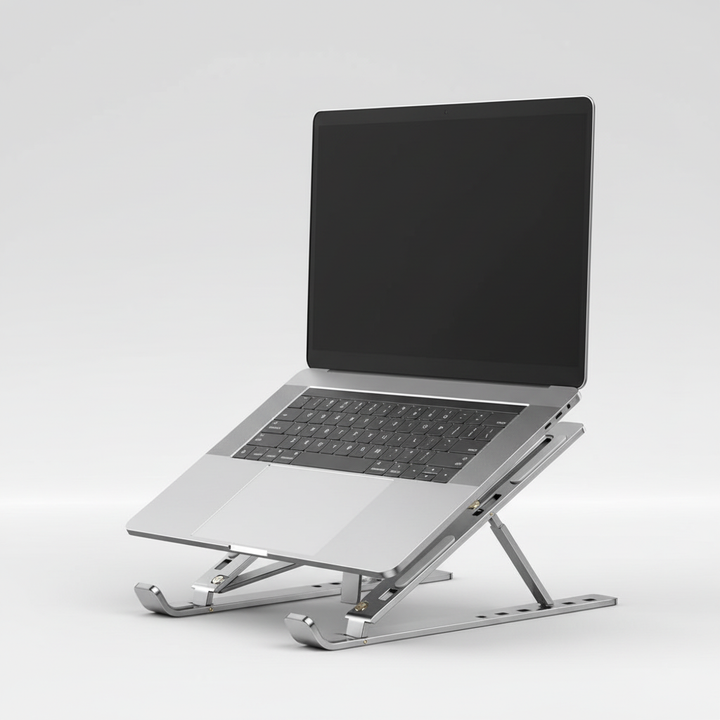 Portabelt silverfärgat datorstativ för laptop. Kompakt design, perfekt för mobil arbetsplats.