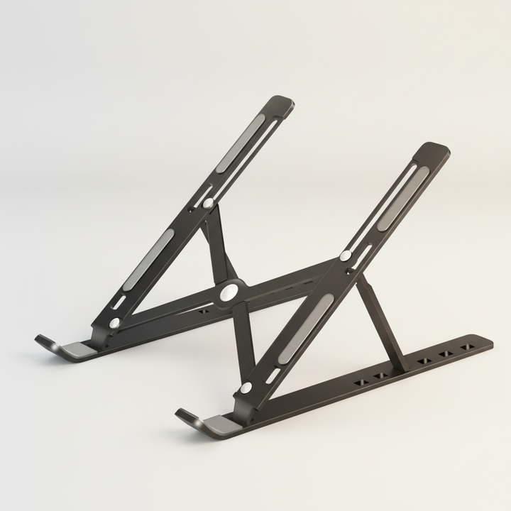 Höj- och sänkbart laptopställ i stilren design för ökad komfort och bättre ergonomi på arbetsplatsen.