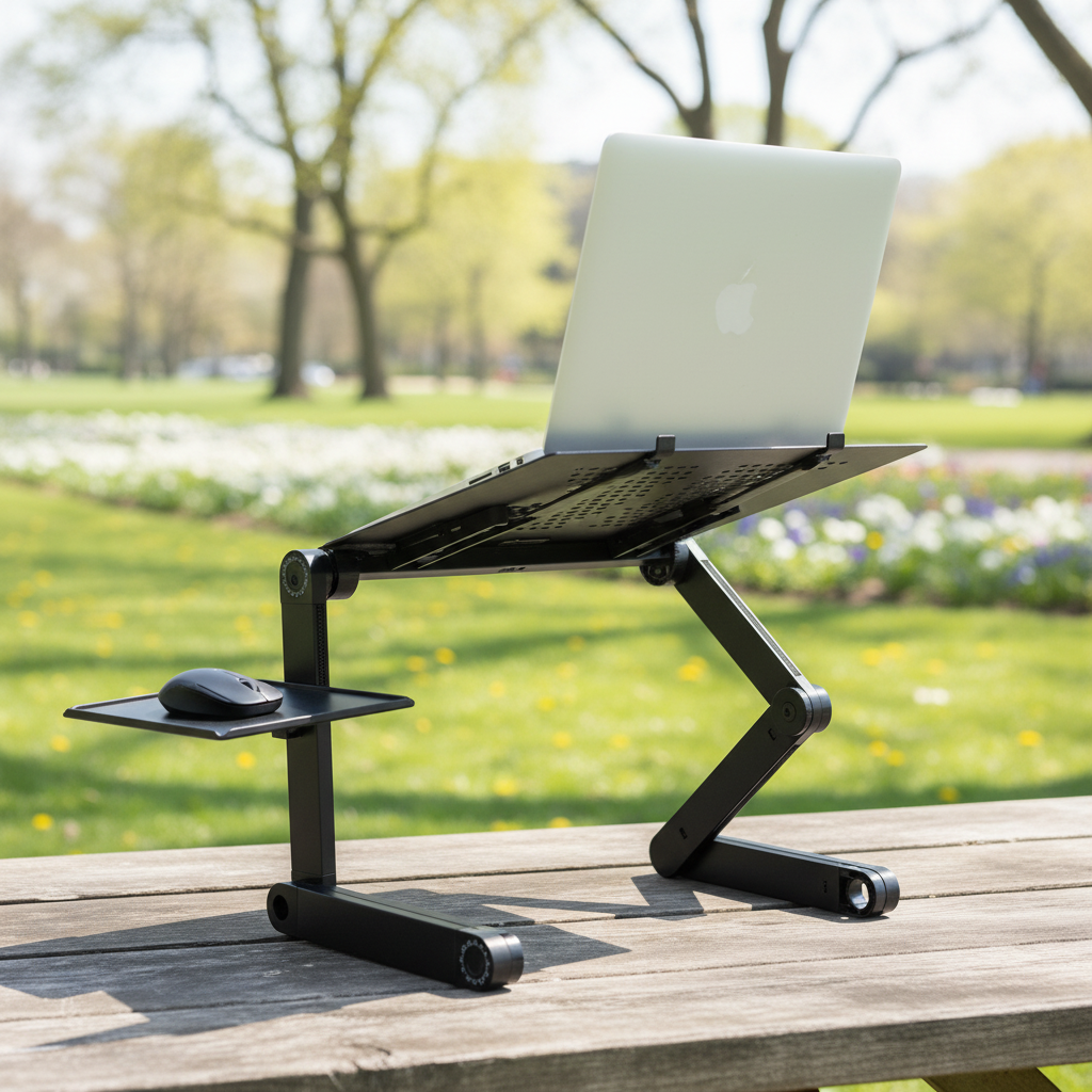 Justerbart ergonomiskt laptopstativ FlexStand för bekvämt hemmakontor, förbättrar hållning vid datorarbete.