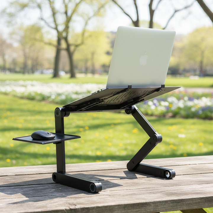Justerbart ergonomiskt laptopstativ FlexStand för bekvämt hemmakontor, förbättrar hållning vid datorarbete.