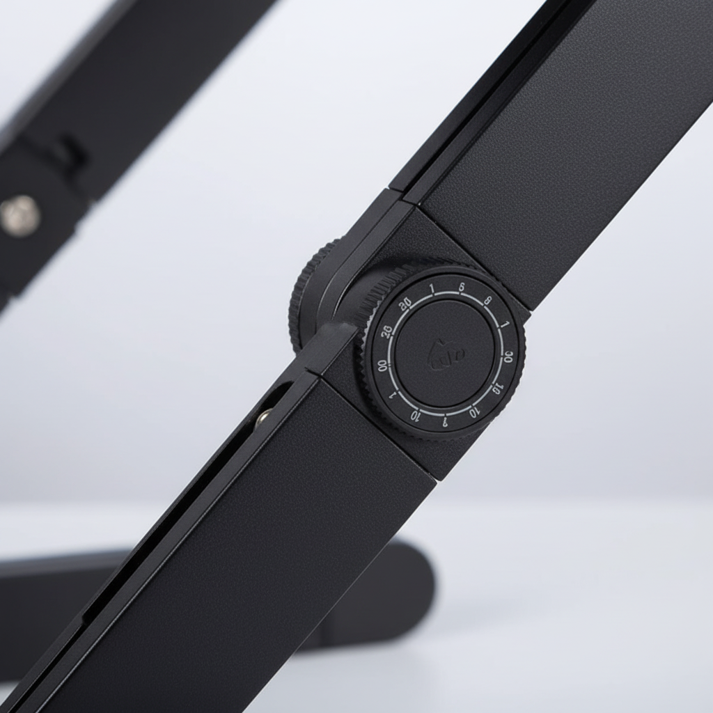 FlexStand datorställ, justerbart för ergonomisk arbetsställning med laptop, idealiskt för kontorsutrustning.