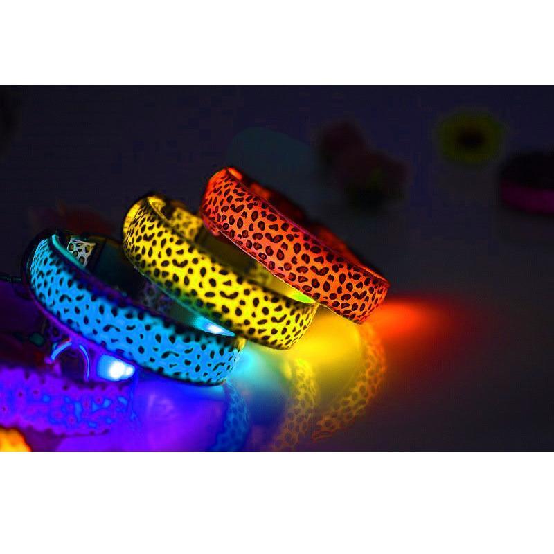"Justerbart LED hundhalsband för nattbruk, nylon, synligt i mörker med blått, rött eller gult ljus, unisex design."