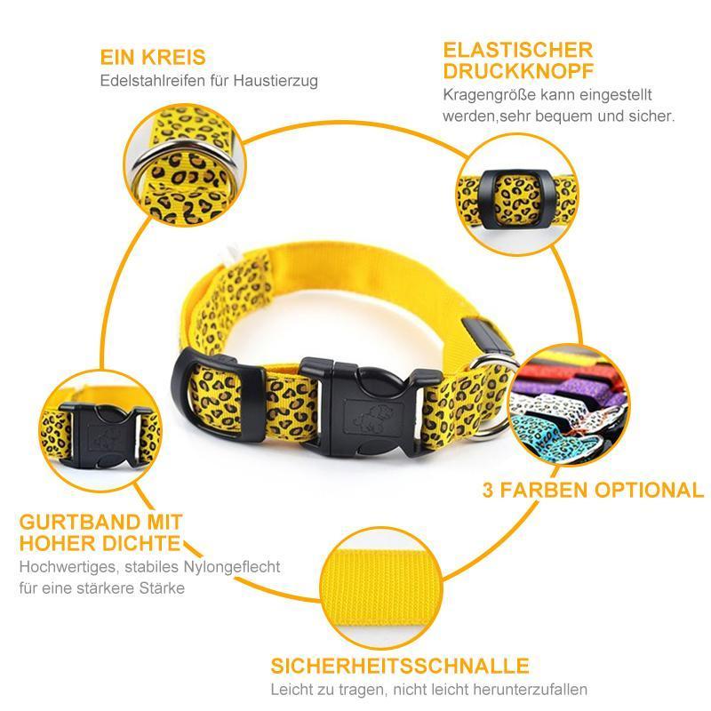 "Justerbart LED hundhalsband för nattbruk, nylon, synligt i mörker med blått, rött eller gult ljus, unisex design."