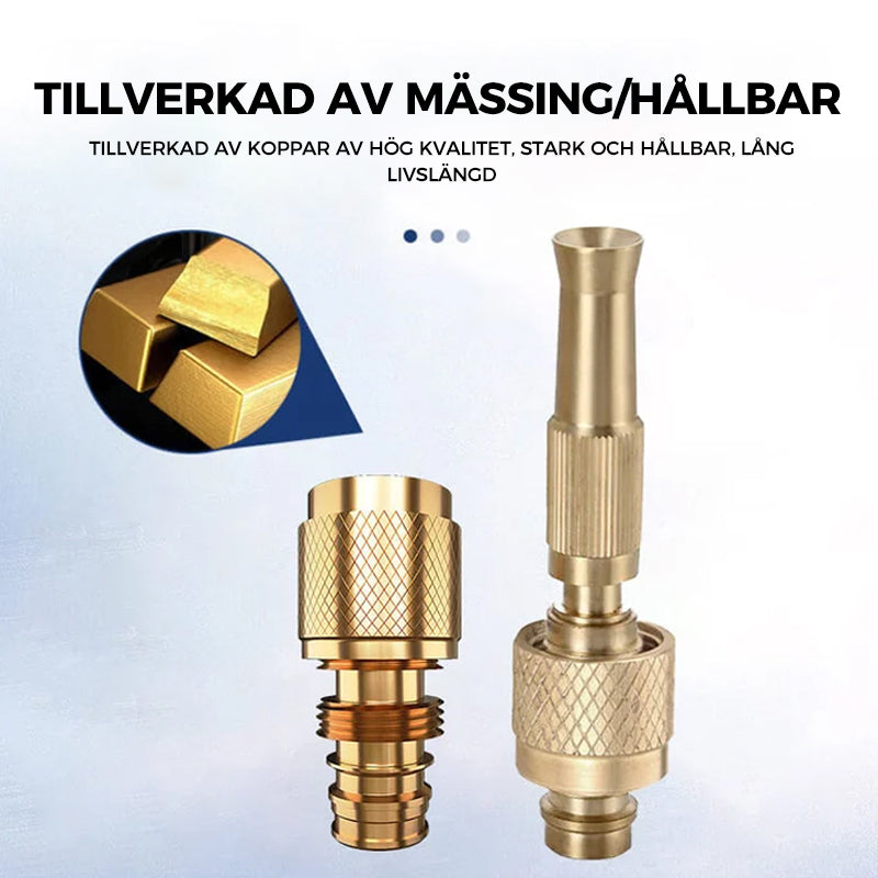 Justerbart mässingsmunstycke för trädgård, justera spray från fin till stråle. Robust material och läckagefri design.