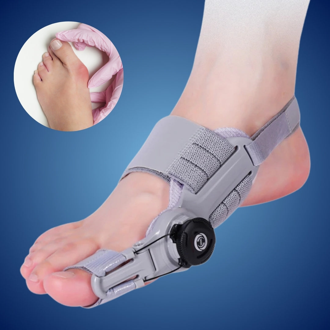 Närbild på hallux valgus-korrigerare med roterbar tåseparerare