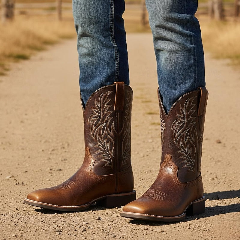 Wade bruna western cowboy boots på man i jeans utomhus