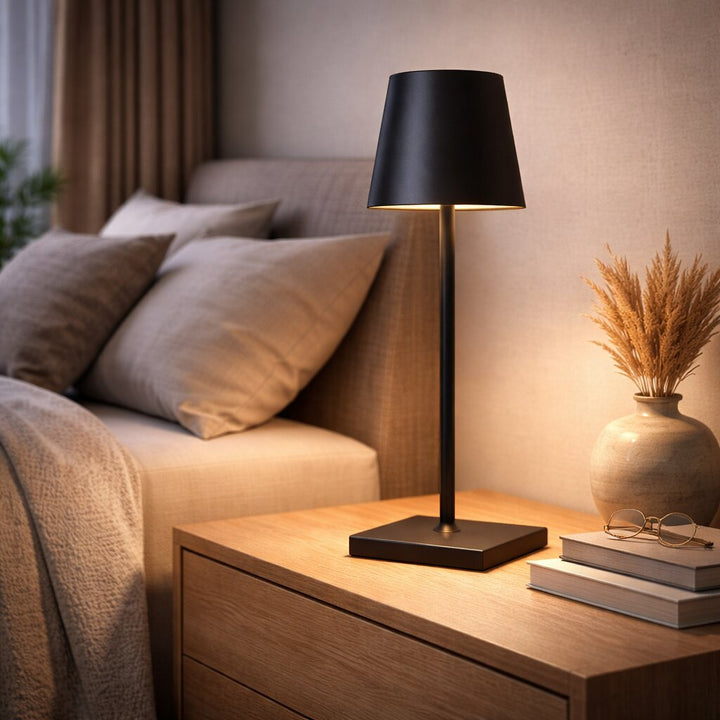 Stilren LED-bordslampa placerad på en bänk utomhus