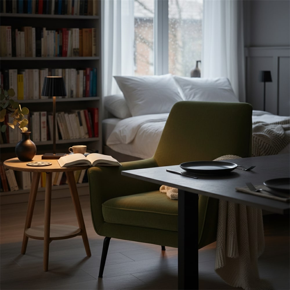 Designad bordslampa med varmt LED-ljus som sprider stämning i rummet