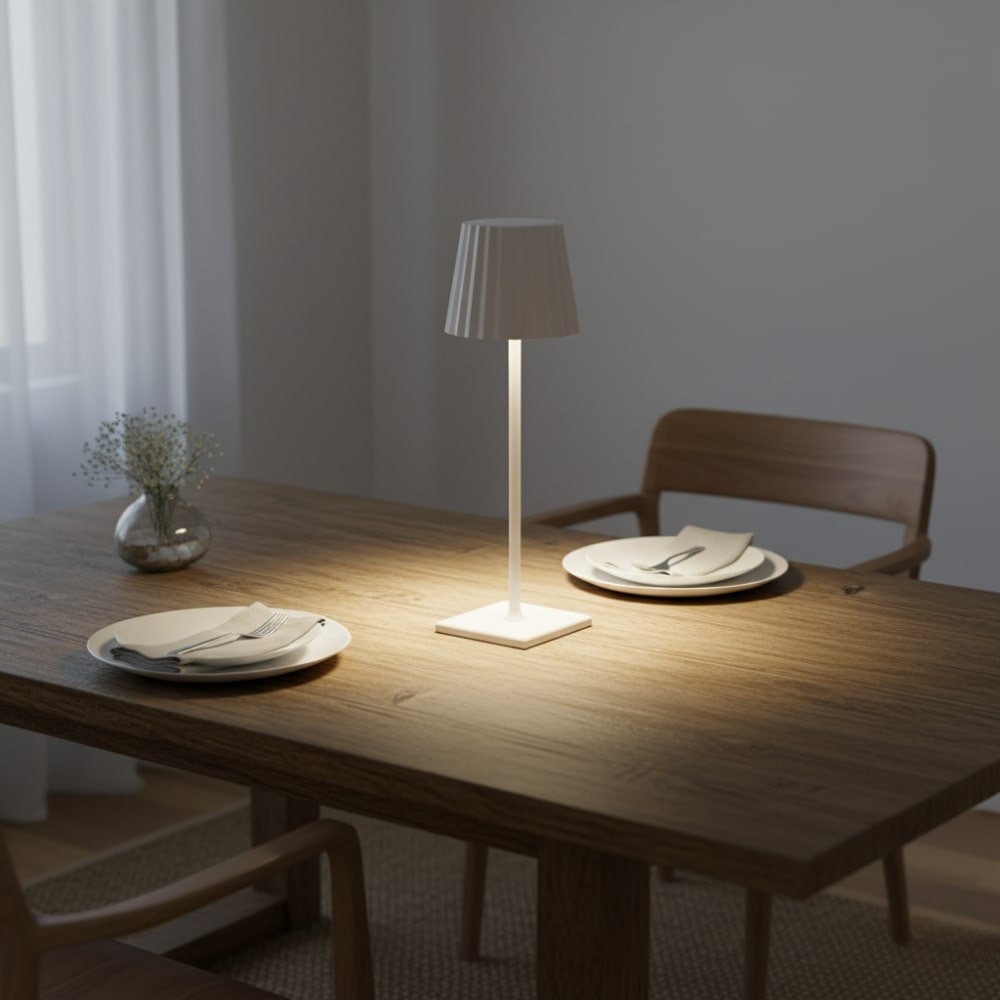 Minimalistisk trådlös lampa tänd i ett stilrent och ombonat vardagsrum