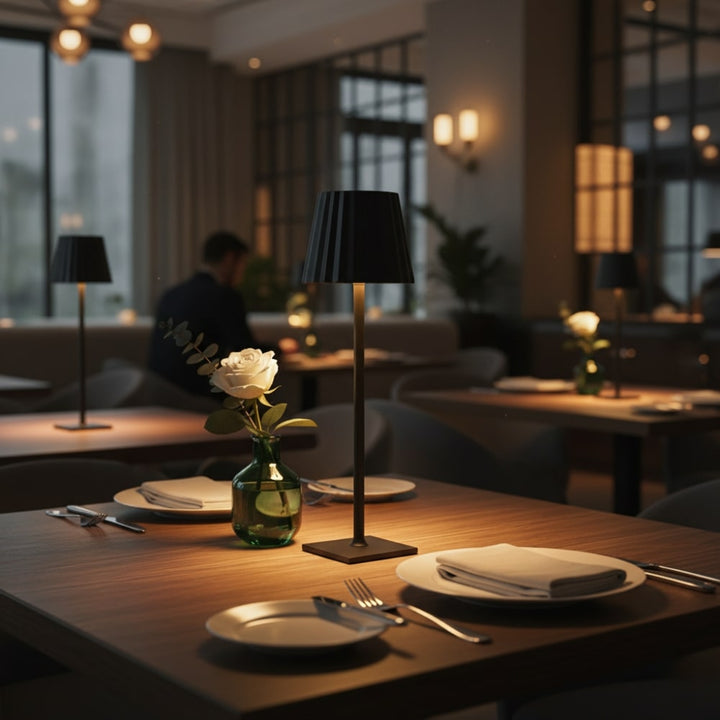 Stämningsfull belysning från bordslampa i en restaurangmiljö på kvällen