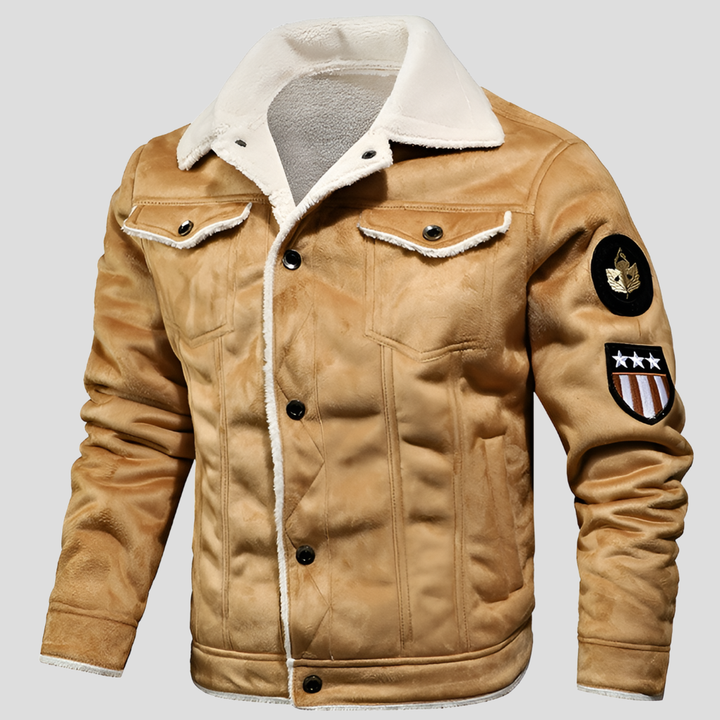 Stilren herrvinterjacka i vintage pilotstil, detaljbild på foder och krage