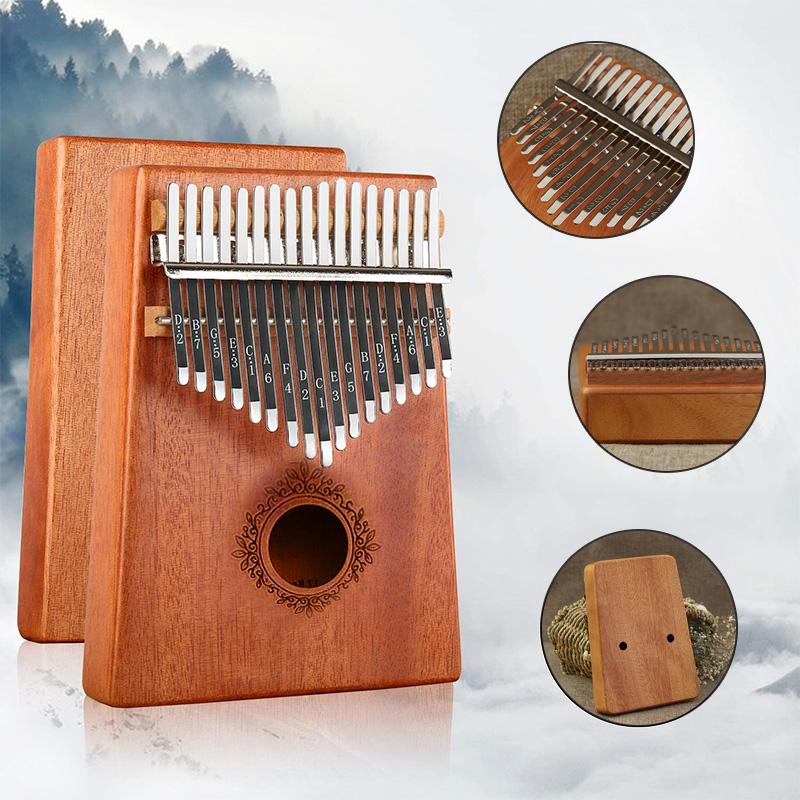 "Kalimba i mahogny med 17 metalltangenter, visad i närbild, ger melodiskt och varmt ljud, perfekt för portabelt spel."