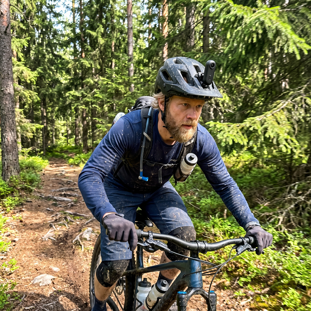 Man som cyklar i skogen med Zvarelo actionkamera monterad på hjälmen