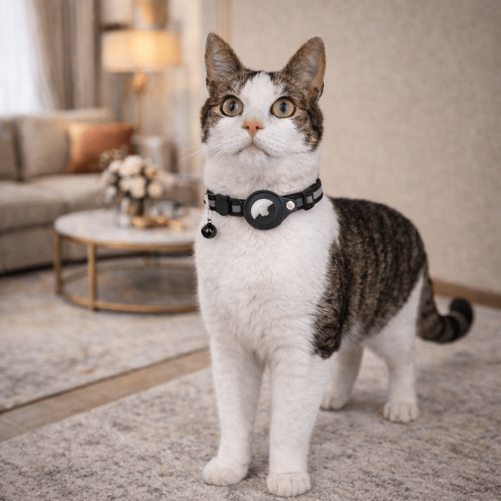 Katt som bär det svarta GPS-halsbandet inomhus.