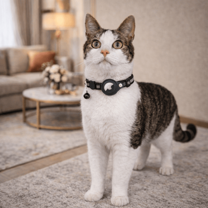 Katt som bär det svarta GPS-halsbandet inomhus.