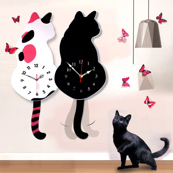 Vit kattväggklocka med viftande svans, rolig och unik design för kattälskare.