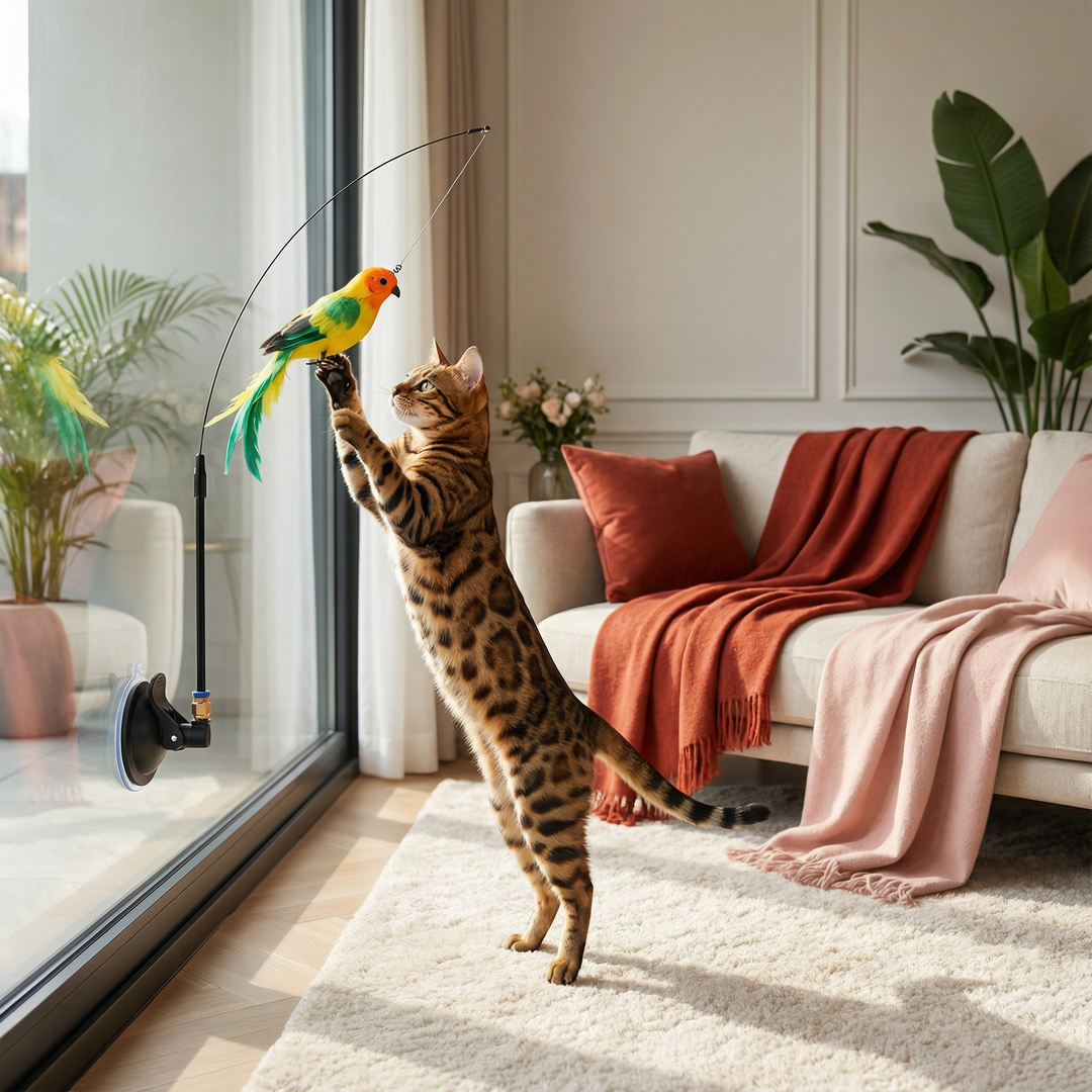Kattens interaktiva fågelspel med realistiska ljud och fjädrar stimulerar jaktinstinkten för lekfulla katter.
