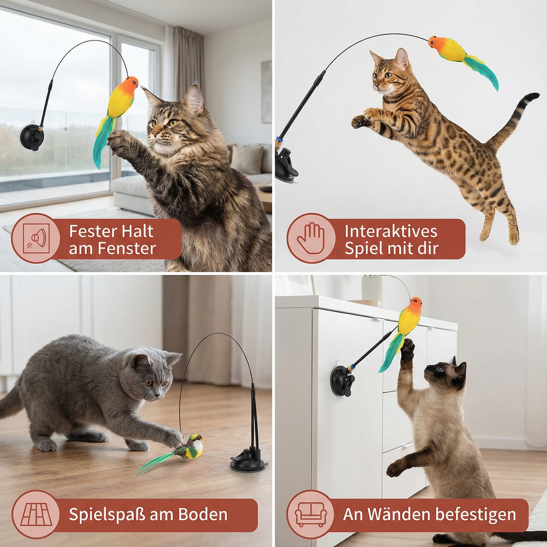 Glad katt leker med en interaktiv fjäderleksak, fågelspel som uppmuntrar till aktiv lek och mental stimulans.