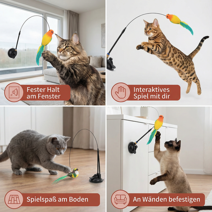 Glad katt leker med en interaktiv fjäderleksak, fågelspel som uppmuntrar till aktiv lek och mental stimulans.