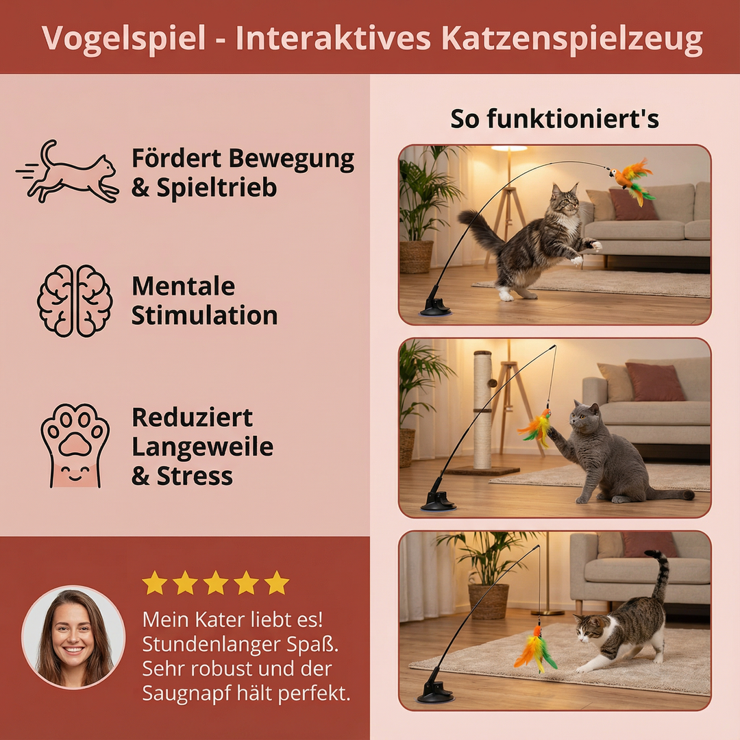 Interaktivt fågelspel för katt med rörliga delar och fjädrar, perfekt för att utveckla kattens naturliga jaktförmåga.