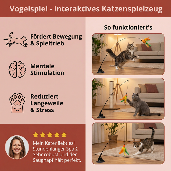 Interaktivt fågelspel för katt med rörliga delar och fjädrar, perfekt för att utveckla kattens naturliga jaktförmåga.