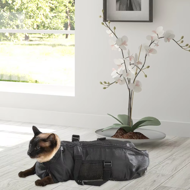Kattklippningsväska för trygg kloklippning & pälsvård. Svart väska med säker design för lugn kattvård.